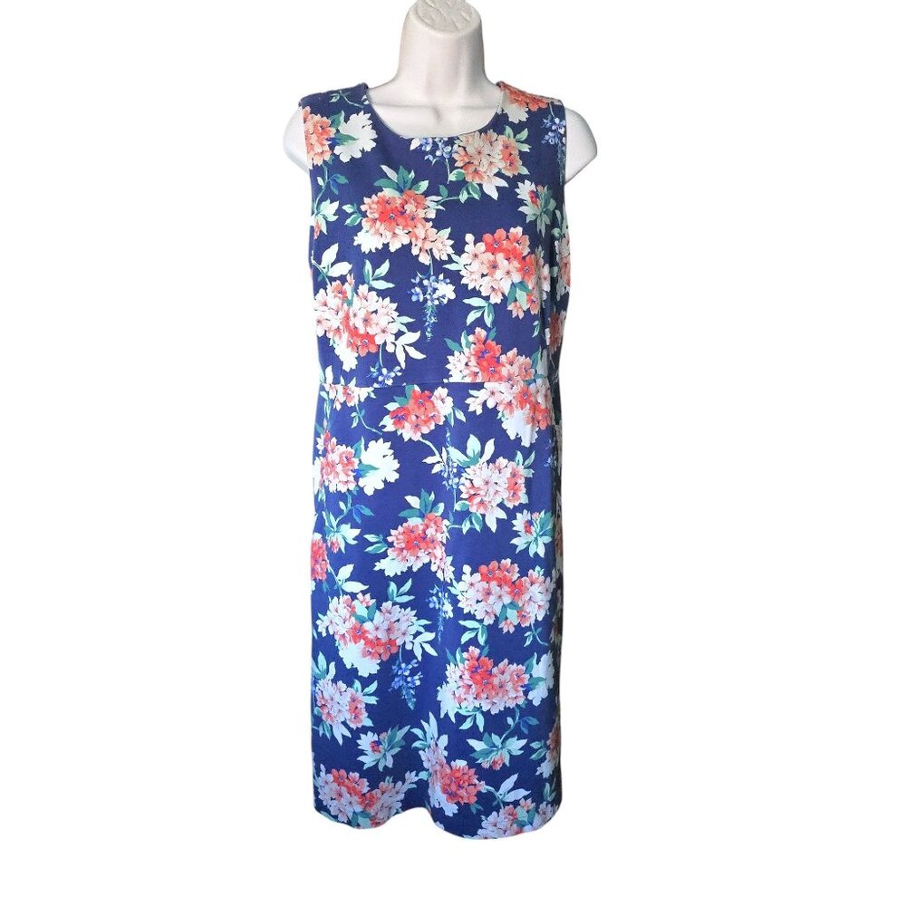 Lands End Women's Sleeveless Ponte Sheath Midi Dress Blue Floral Size 18W - Picture 2 of 16